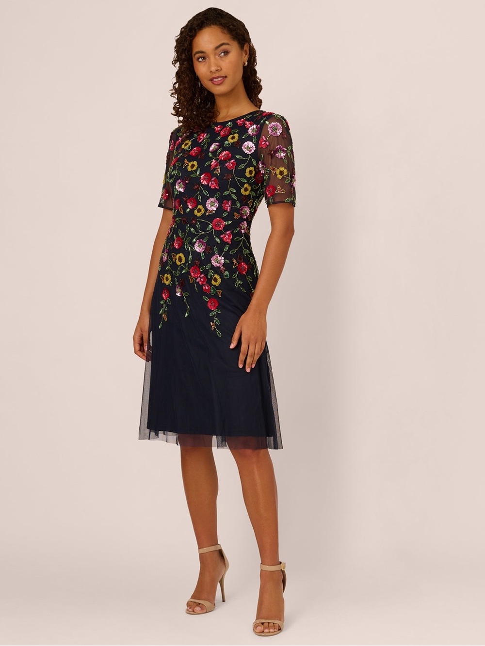 Adrianna Papell Navy Mesh Midi Dress with Multicolor Floral Embroidery